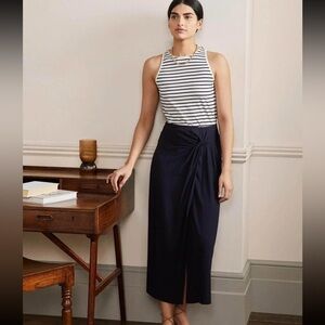 Boden Navy Knot Waist Jersey Midi Length Faux Wrap Skirt Size 4R